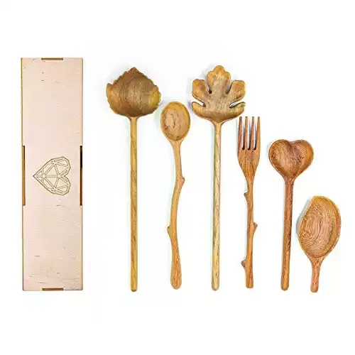 16. Natural Wooden Spoons And Forks Set Eating Utensils
