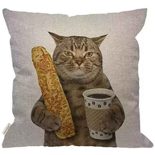 Cat Holding A Cup of Coffee and A Baguette