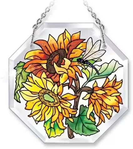 Hand-Painted Glass Dragonfly and Sunflower Suncatcher