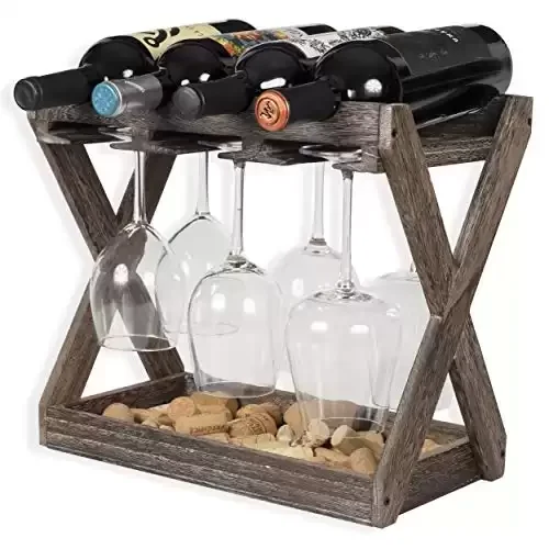 Rustic Solid Wood Wine and Glass Rack with Cork Storage Tray