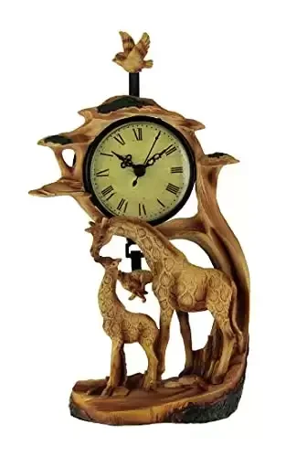 Giraffe Family On Safari Carved Wood Look Clock Figurine