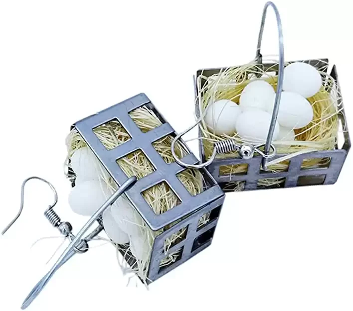 Mini Egg Basket Dangle Earrings, Creative Hand-made Sterling Silver Gift Idea