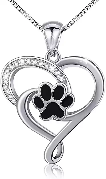 Silver Puppy Dog Cat Pet Paw Print Love Heart Pendant Necklace