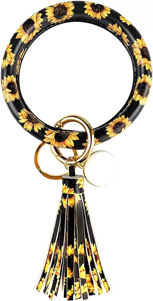 Leather Bracelet Sunflower Key Ring Tassel | Keychain Wristlet