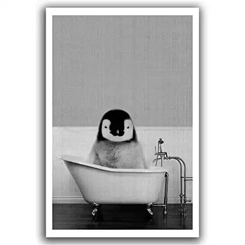Little Penguin in The Bathtub Wall Art Canvas Room Decor