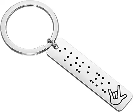 I Love You in Braille Engraved Keychain Hand Sign Language - Blind Person Gift Idea