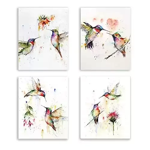 Watercolor Hummingbirds and Flower Branch Canvas