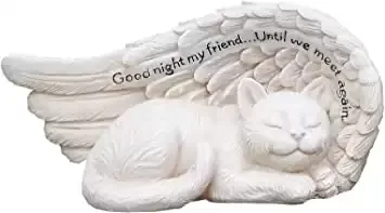 Small Sleeping Cat in Angel's Wing Garden Statue with Inscription