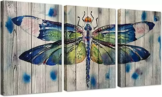 3 Pieces Canvas Wall Art Watercolor Dragonfly On Wood Background