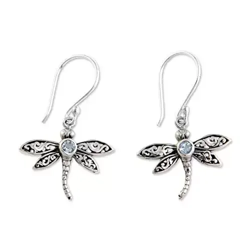NOVICA .925 Sterling Silver and Blue Topaz Dangle Dragonfly Earrings