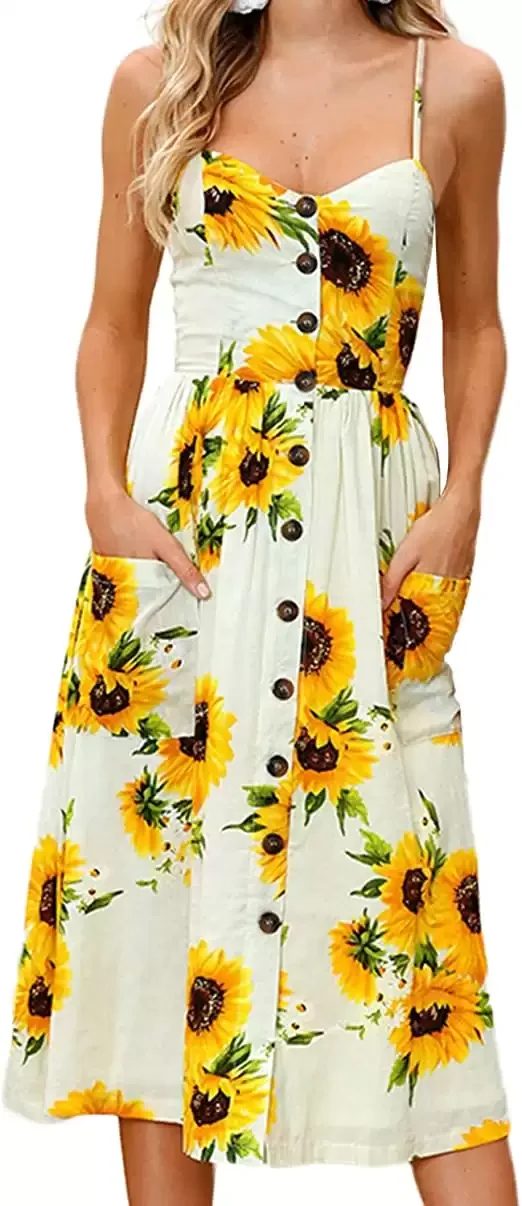 Women's Stylish Summer Floral Midi Dress with Pockets