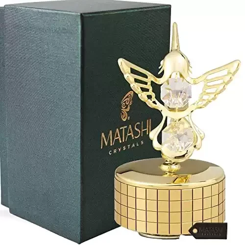 Gold Plated Music Box, Crystal Studded Hummingbird Figurine