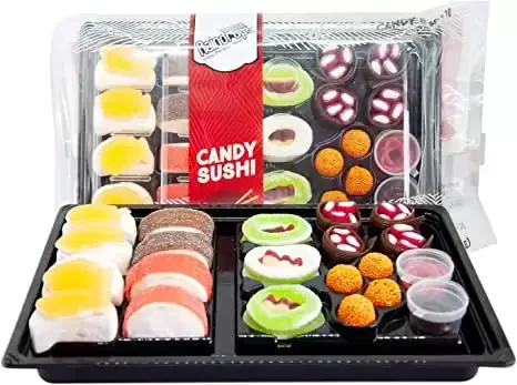 Raindrops Gummy Candy Sushi Bento Box with 6 Kinds of Sushi Rolls and Garnishes
