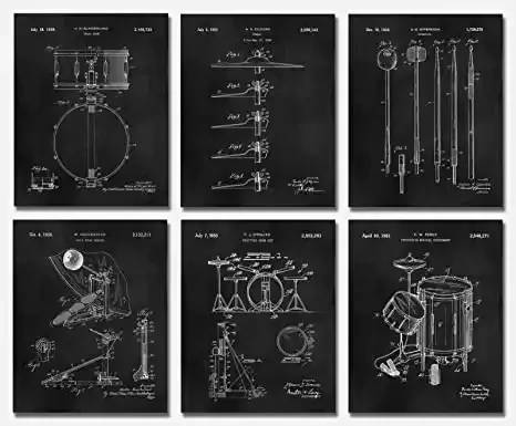 Set of 6 Chalkboard Patent Art Prints of Drums (8x10) Gifts for a Drummer