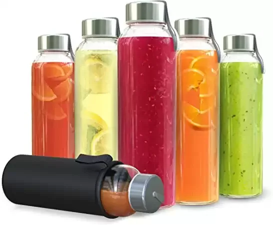 Chef's Star Glass Water Bottles - 6 Pack of Glass Bottles with Caps