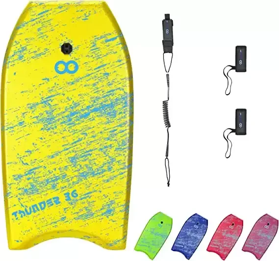 WOOWAVE Super Lightweight Body Board with Coiled Wrist Leash, Swim Fin Tethers, EPS Core and Slick Bottom