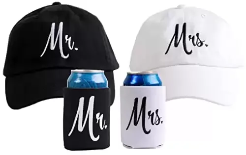 Mr. & Mrs. Matching Newlywed Caps and Beer Holders