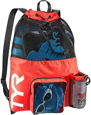 TYR Big Mesh Mummy Backpack for Wet Swimming, Gym, and Workout Gear, Red