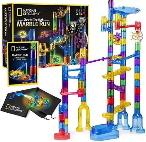 Glowing Marble Run – 80 Piece Construction Set with 15 Glow in the Dark Glass Marbles