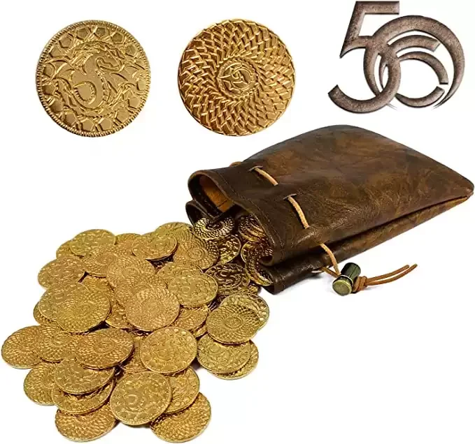 Fantasy Gold Coins & Leather Pouch for Dungeons & Dragons