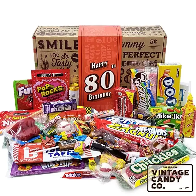 80TH BIRTHDAY RETRO CANDY GIFT BOX - Nostalgic Childhood Candies - For Man Or Woman Turning 80 Years Old