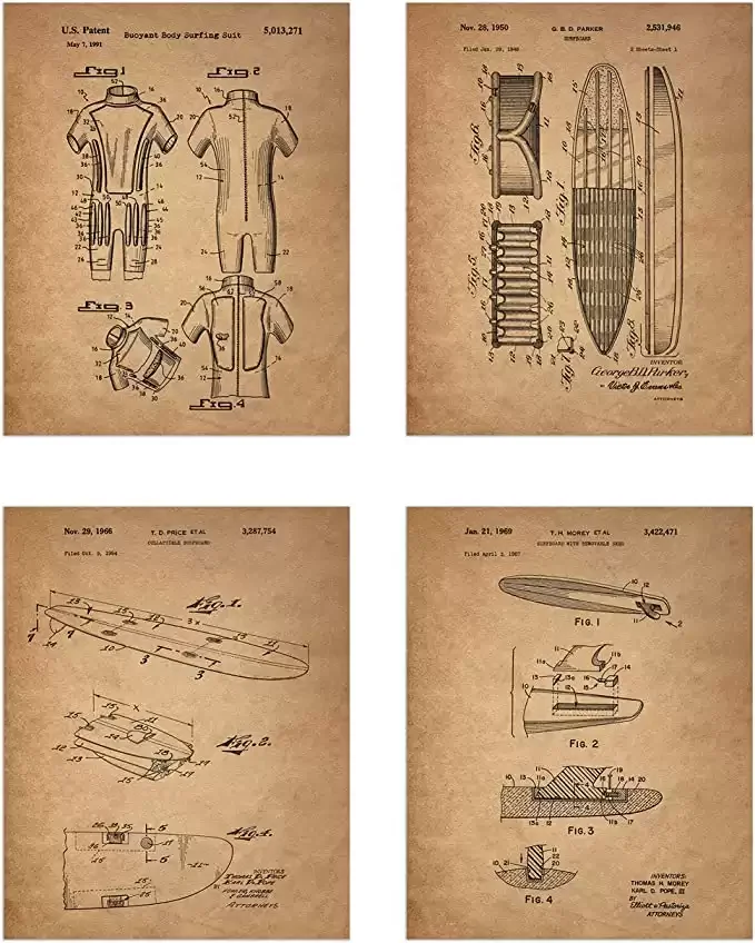Surfing Patent Prints - Set of 4 (8 inches x 10 inches) Photos Wall Decor - Surfboard Body Suit