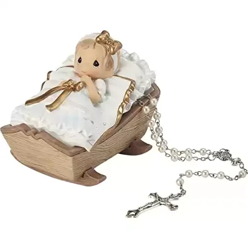 Precious Moments Baby in Cradle Baptism Rosary Box with White Rosary
