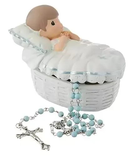 Baptized In His Name Resin Box With Rosary For Boy
