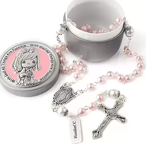 Pink Glass Pearl Beads First Rosary Necklace with Silver Zinc Alloy Rosary Box