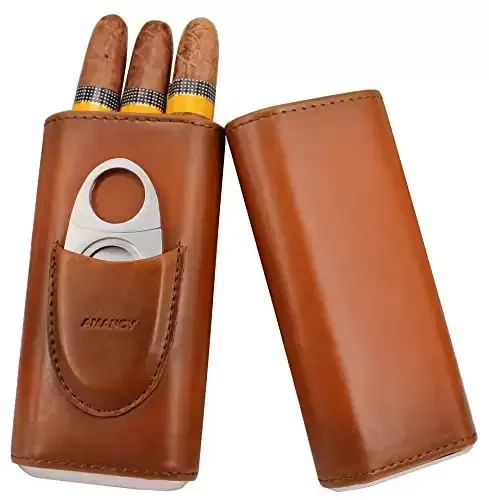 Premium 3- Finger Brown Leather Cigar Case